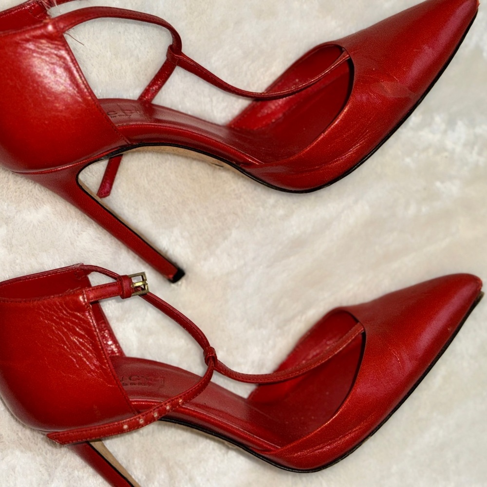 Gucci Red Heels with Ankle Strap